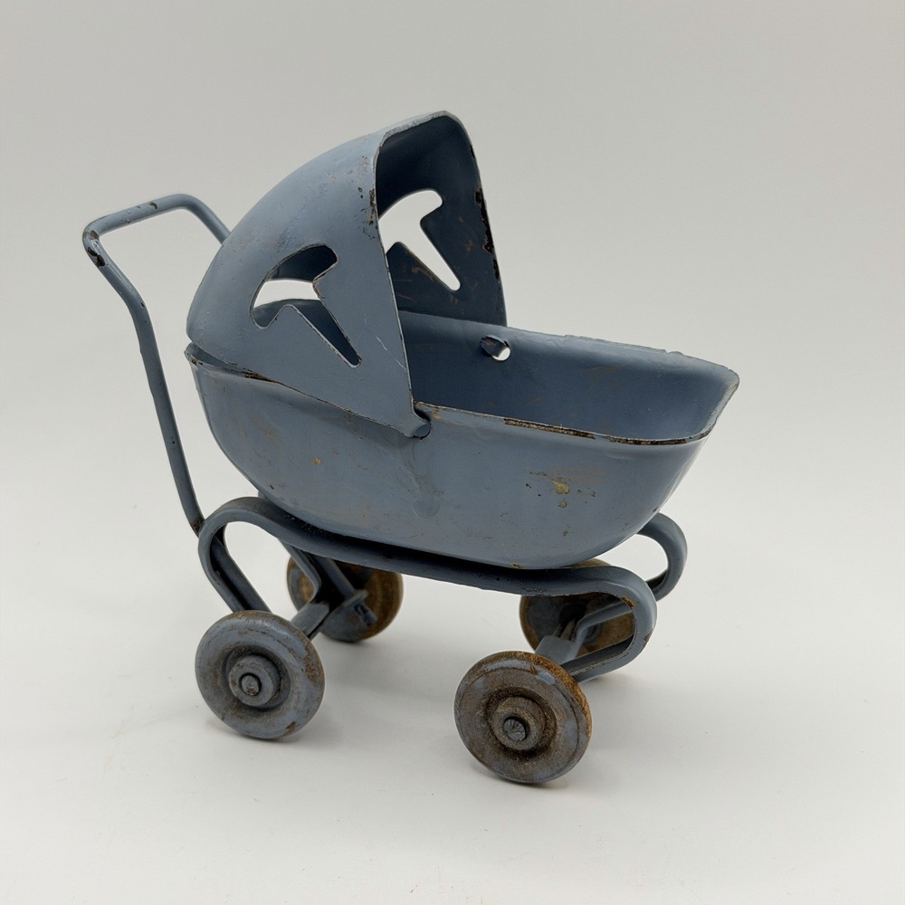 Vintage Wyandotte 1930's Tin Doll Buggy Carriage Dollhouse Stroller Blue 4.5"H